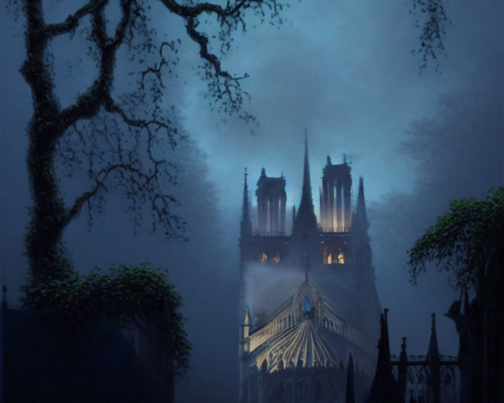 Gothic cathedral at twilight with eerie tree in foreground