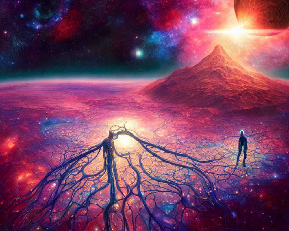 Surreal cosmic landscape with glowing volcano and figures on purple terrain