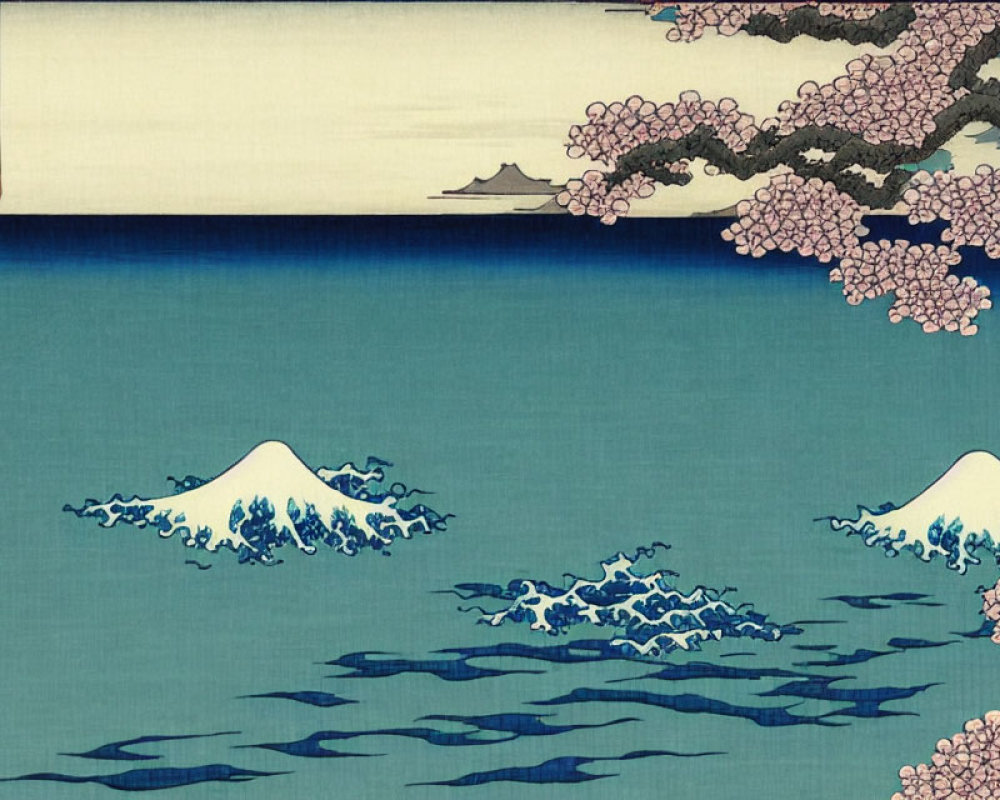 Japanese Ukiyo-e Art: Mount Fuji, Cherry Blossoms, and Waves