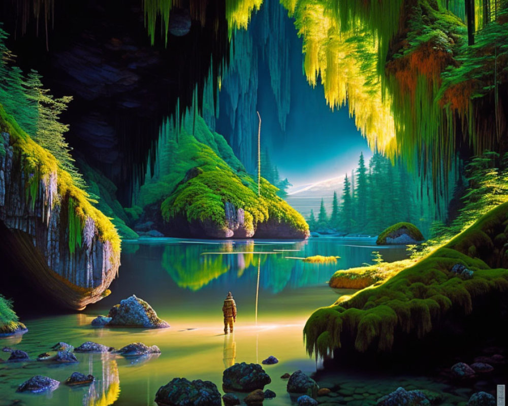 Mystical underground cave with green moss, stalactites, water pool, and lone figure