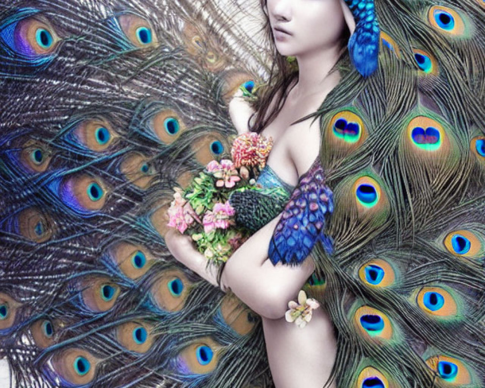 Human figure adorned with peacock feathers and flowers in vibrant colors