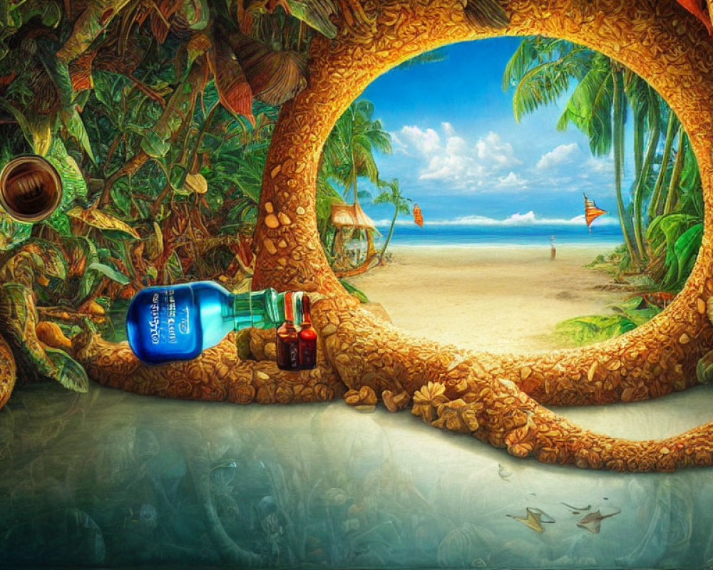 Circular Tropical Beach Scene with Vines, Leaves, and Elixir Bottles