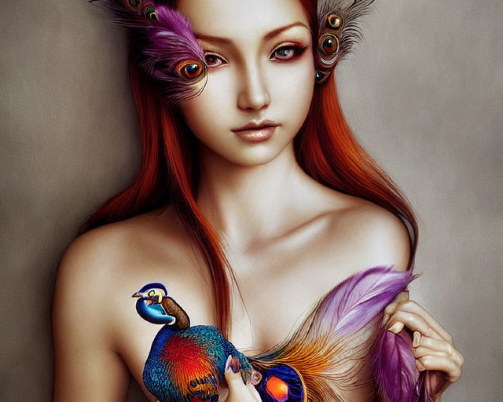 Digital artwork of woman with red hair and peacock feathers holding stylized peacock