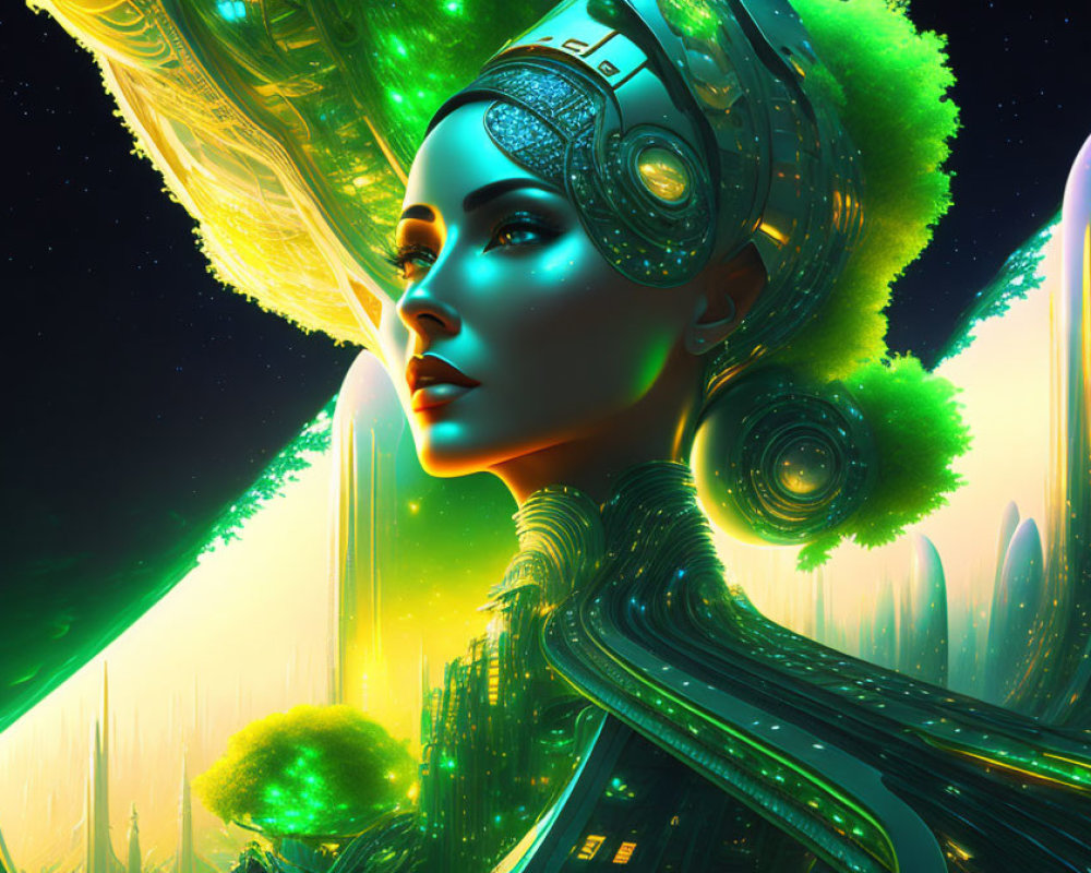 Futuristic digital artwork of female android in intricate headgear amid neon landscape