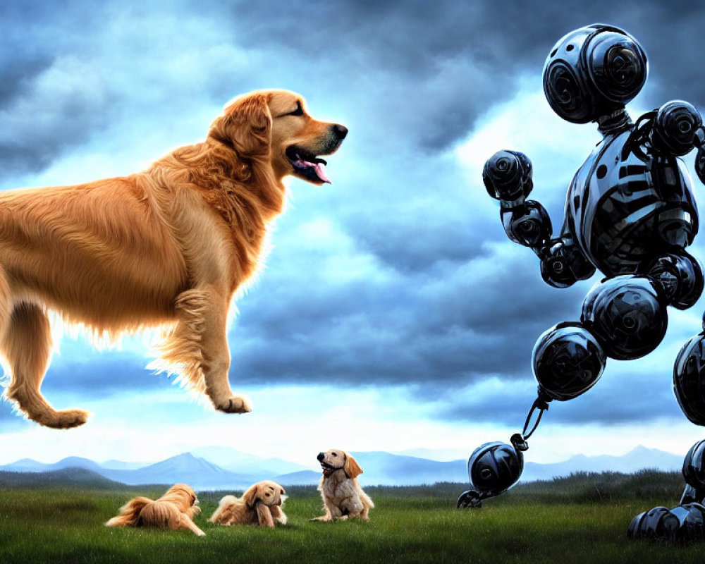 Golden retriever and puppies observe robotic figure in grassy field