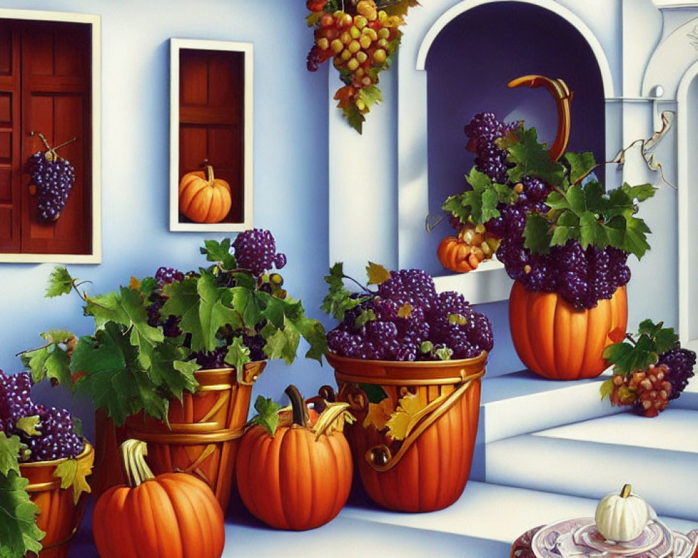 Colorful Mediterranean Style Illustration with Pumpkins and Purple Grapes