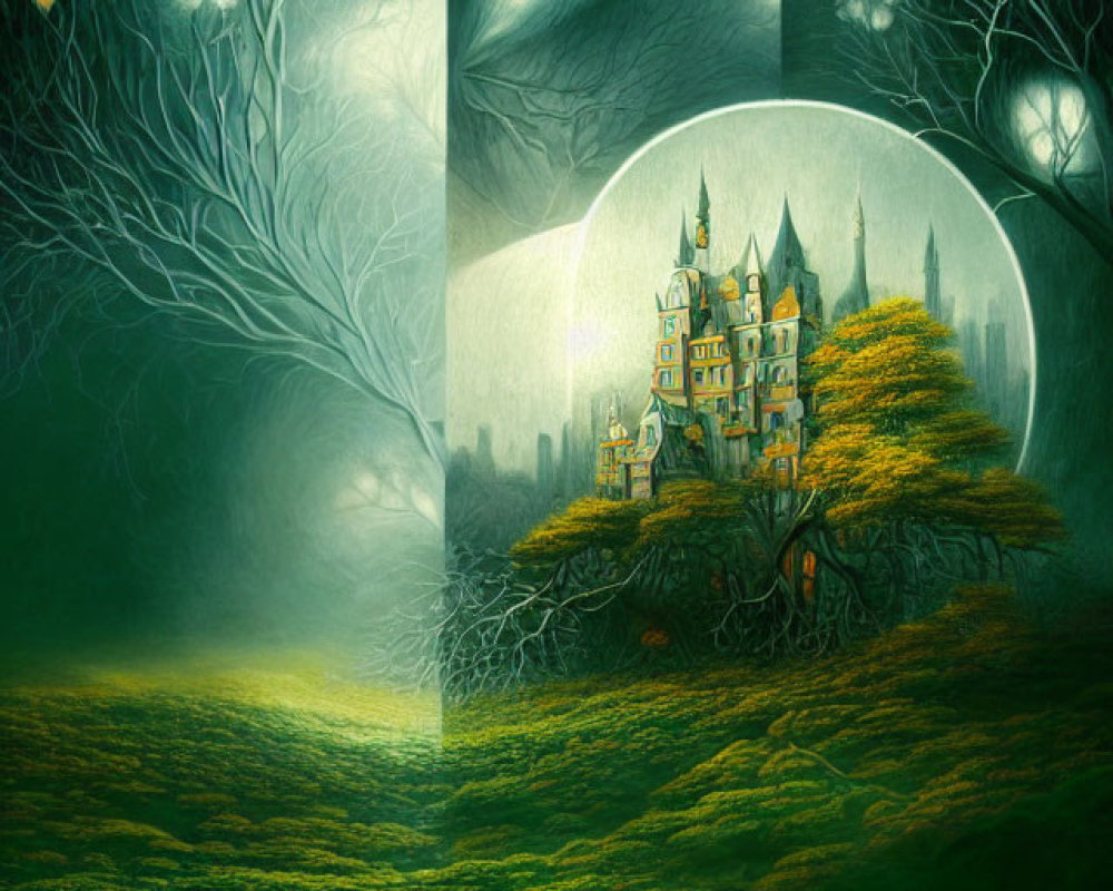 Mystical castle in green glow under moonlit sky