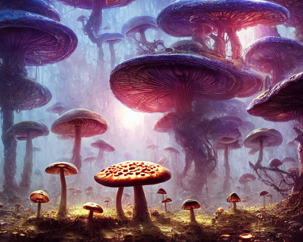 Colorful Oversized Mushrooms in Vibrant Forest Setting