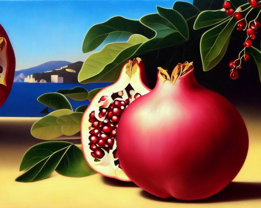 Realistic painting of ripe pomegranates with red seeds and leaves on a blue coastal backdrop