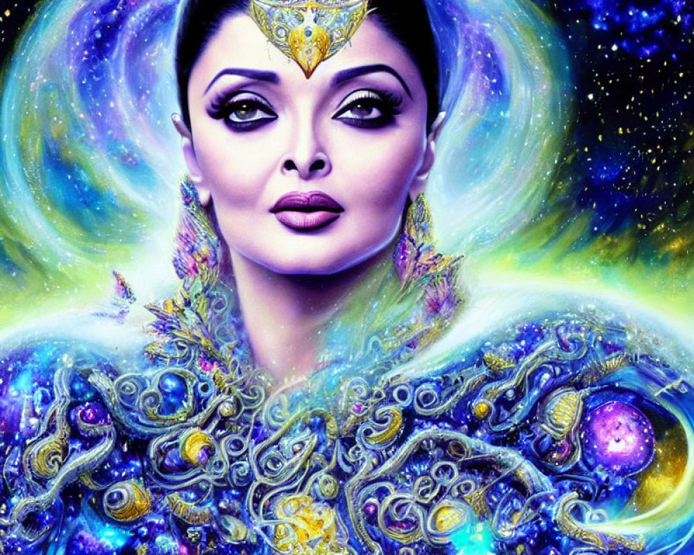 Cosmic-themed woman artwork with gold jewelry on starry space backdrop