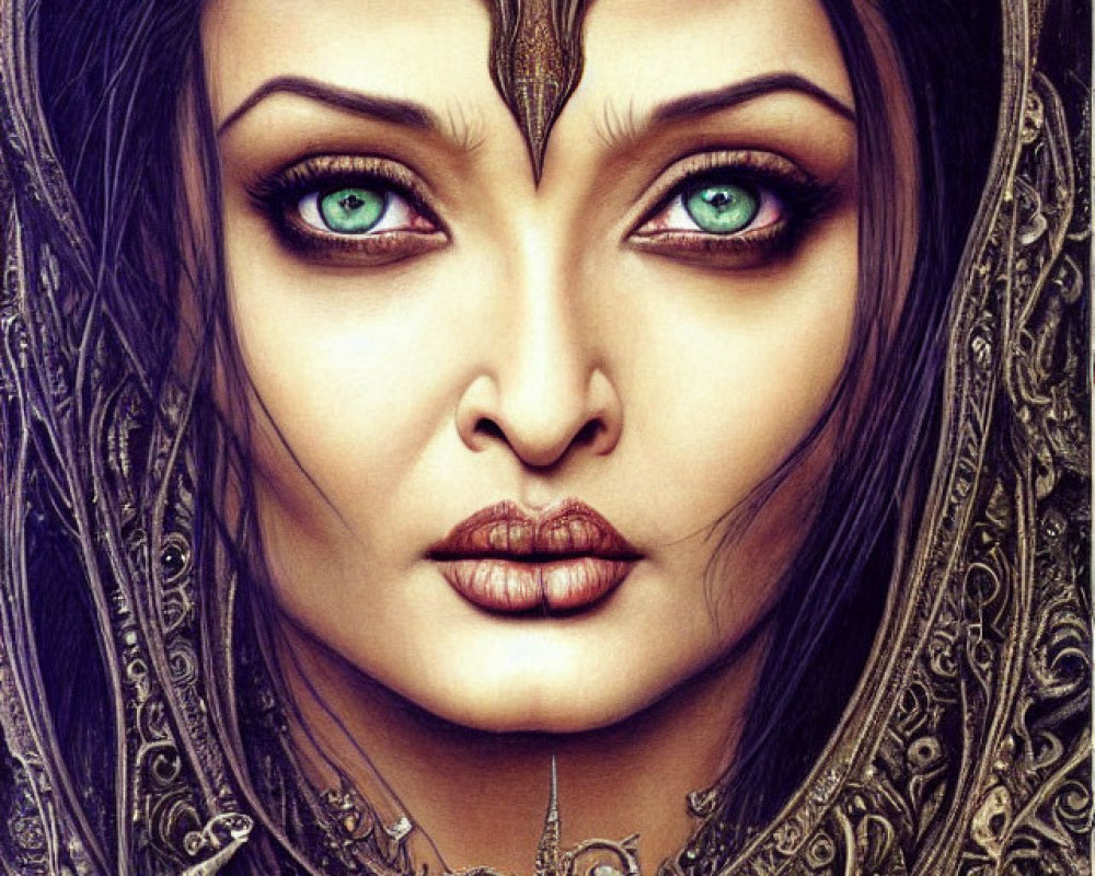 Artistic depiction of a woman with striking green eyes and ornate headgear