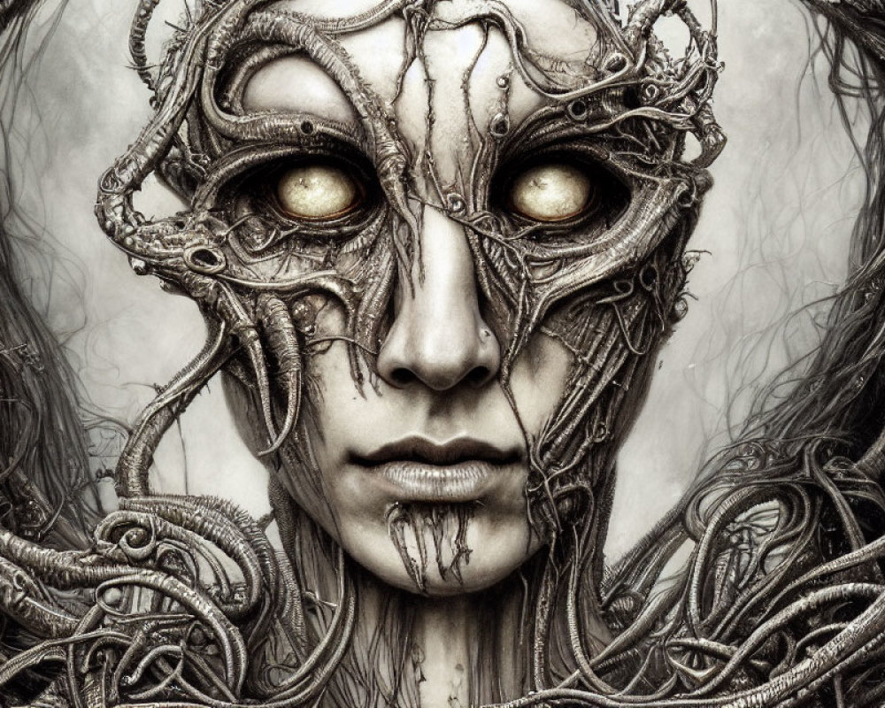 Detailed Illustration: Humanoid Face with Intricate Mechanical Detailing and Eerie Golden Eyes