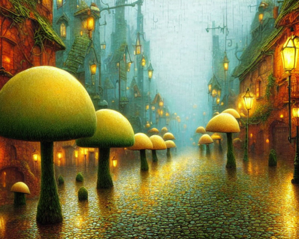 Fantastical cobblestone street with giant mushroom-like trees and whimsical buildings