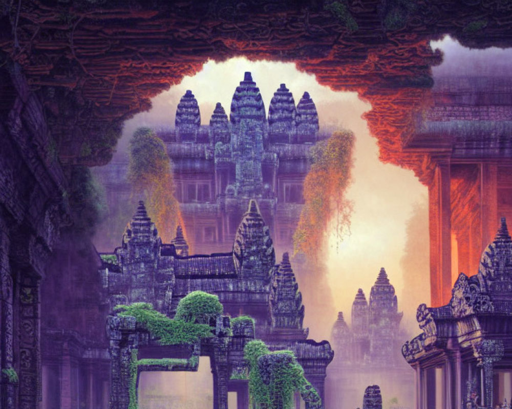 Intricately carved ancient temple surrounded by lush greenery in purple and orange glow