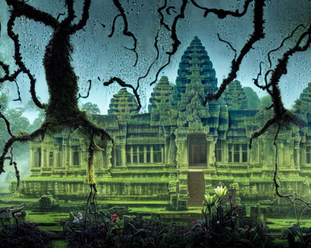 Raindrop-splattered glass frames ancient temple ruins in mystical jungle setting