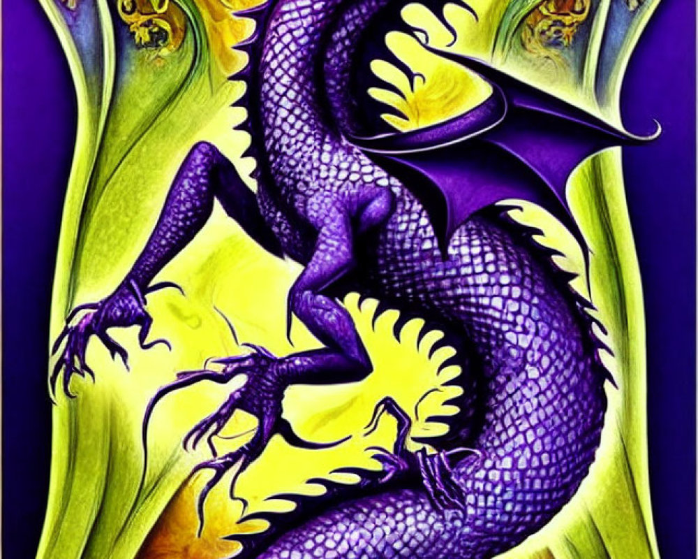 Colorful Dragon Artwork Featuring Purple and Yellow Dragon with Elaborate Scales