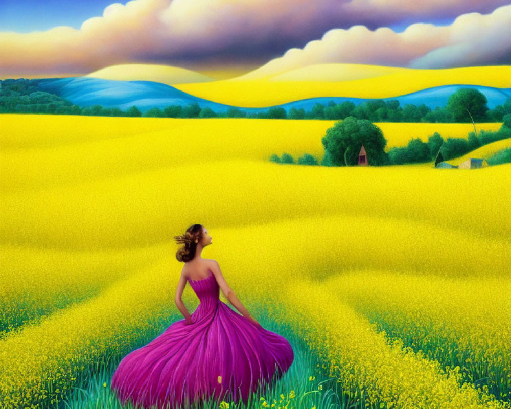 Woman in Purple Dress Surrounded by Yellow Fields and Rolling Hills