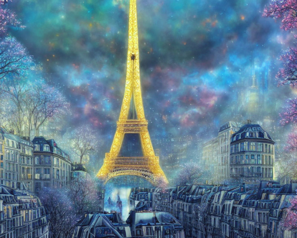 Illustration of Eiffel Tower in Twilight Paris Scene