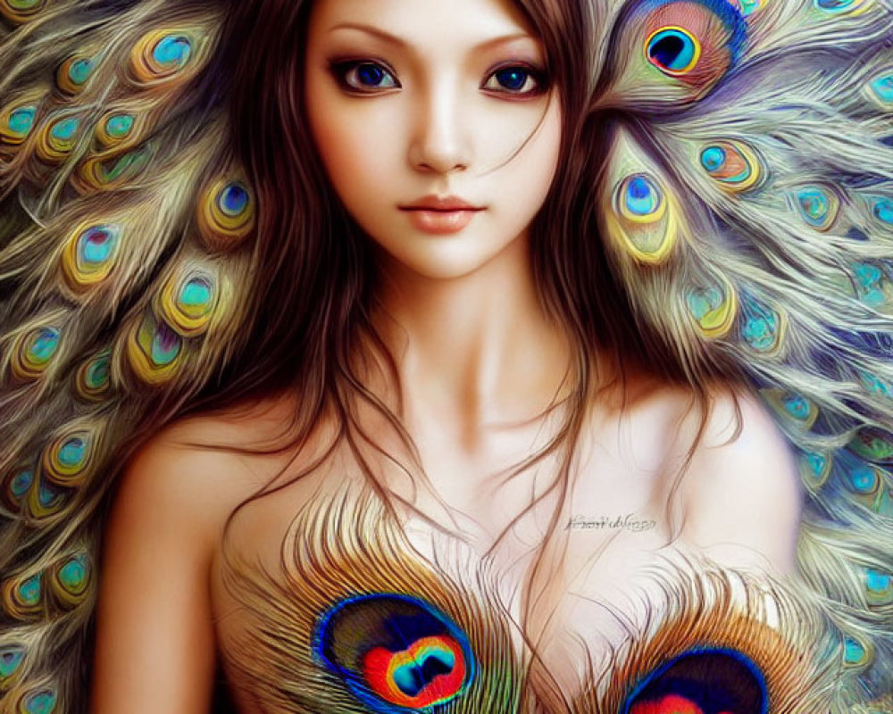 Fantasy Artwork: Woman with Peacock Feather Hair & Attire