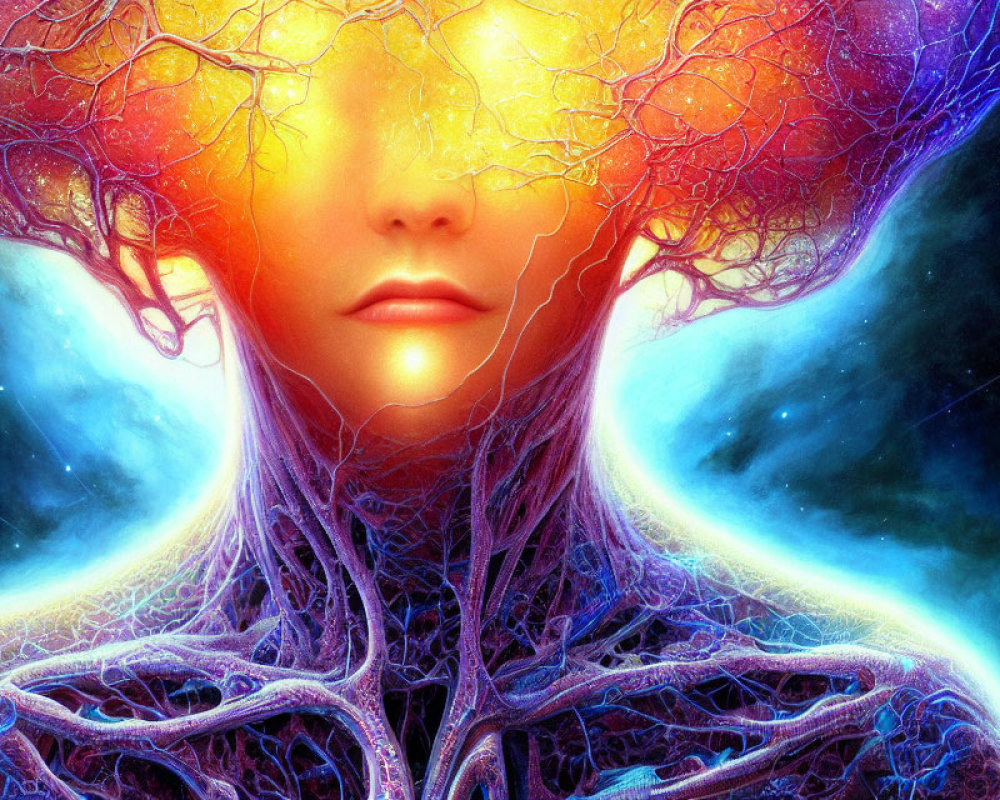 Colorful digital artwork: humanoid figure with tree-like head, cosmic hues