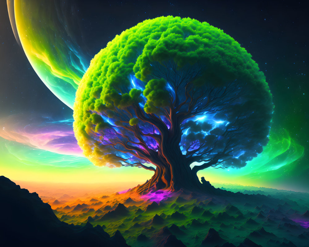 Colorful digital artwork: colossal dual-color tree under fantastical sky