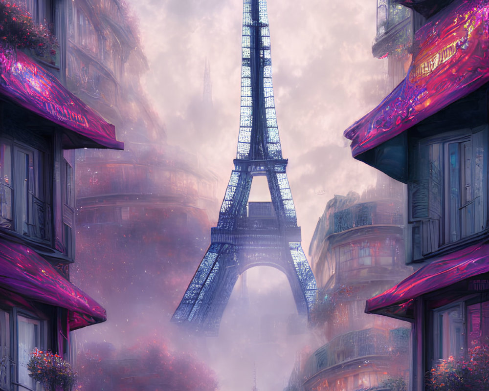Ethereal pink-hued Eiffel Tower illustration in Parisian setting