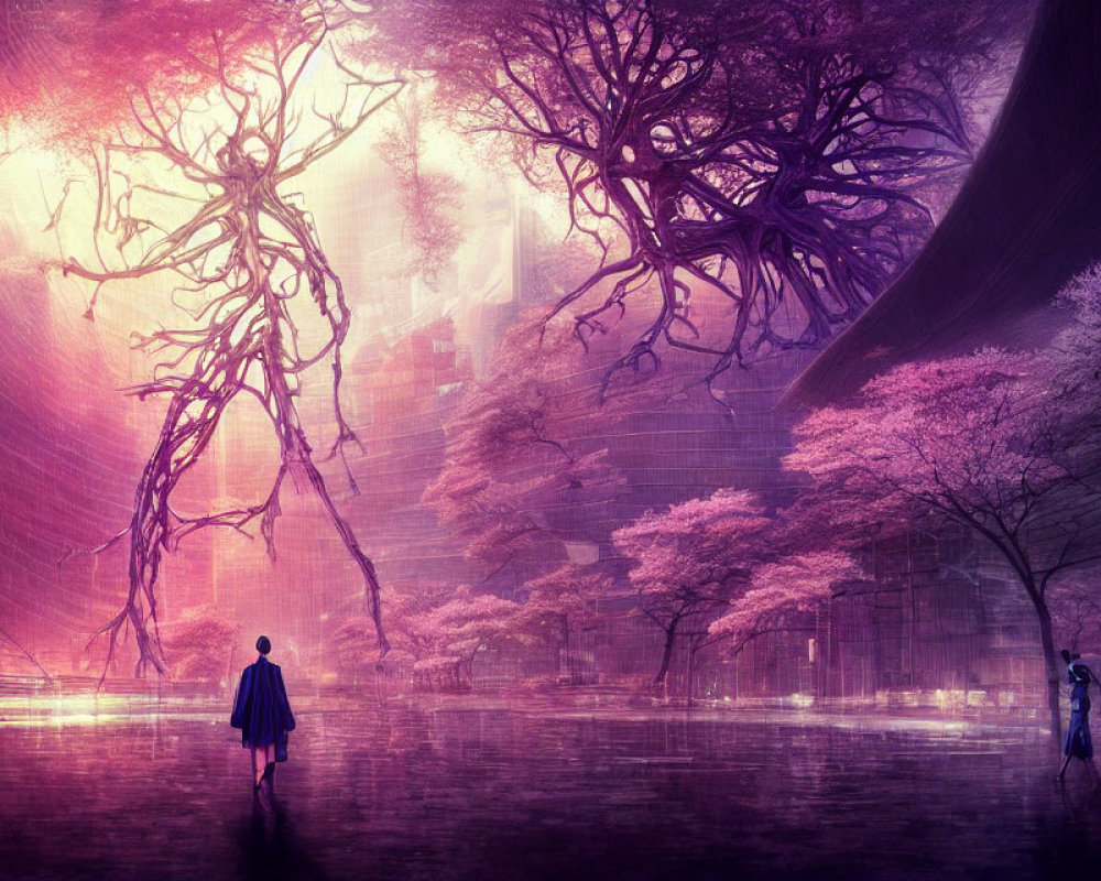 Figure in surreal vibrant landscape with trees, blossoms, reflection, and purple sky