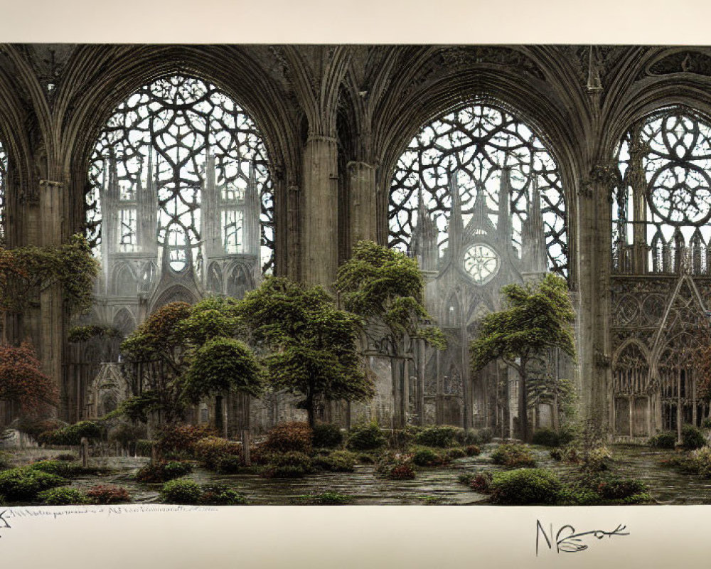 Digital artwork of gothic cathedral interior overtaken by nature