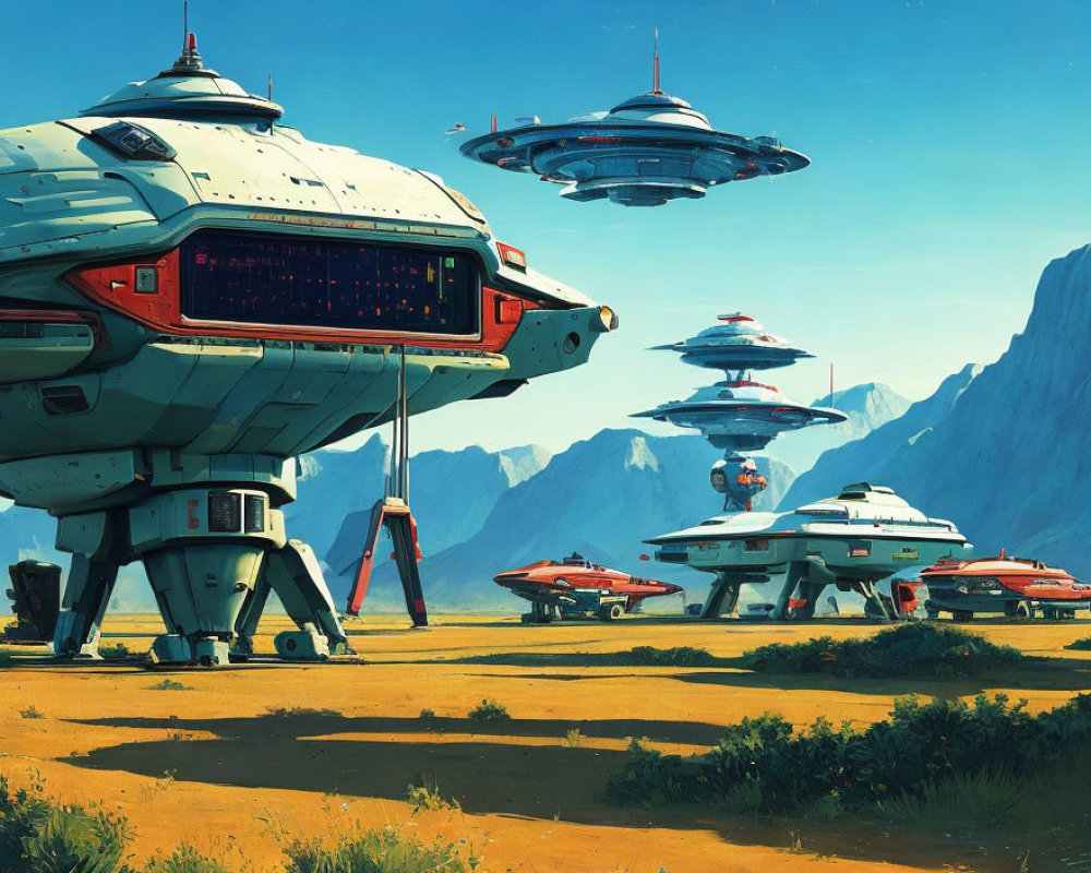 Futuristic spacecraft with tripod landing gear on grassy plain, saucer-shaped ships hovering under clear