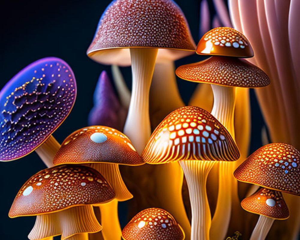 Colorful digital artwork showcasing glowing, whimsical mushrooms on dark backdrop