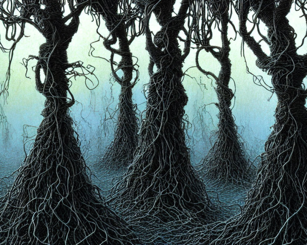 Detailed illustration of twisted ancient trees in mystical forest