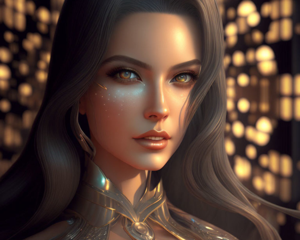3D portrait of a woman with green eyes, long hair, and shimmering makeup
