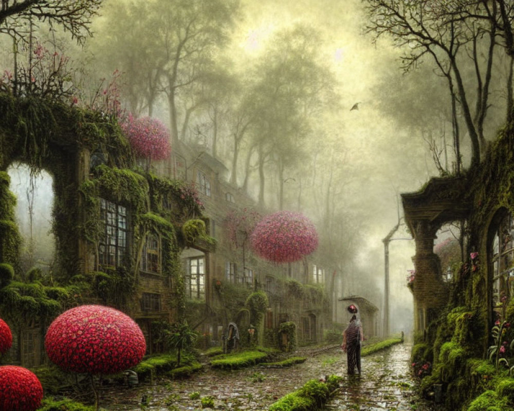 Person with Umbrella Walking on Misty Path Flanked by Old Buildings and Pink Flowering Trees