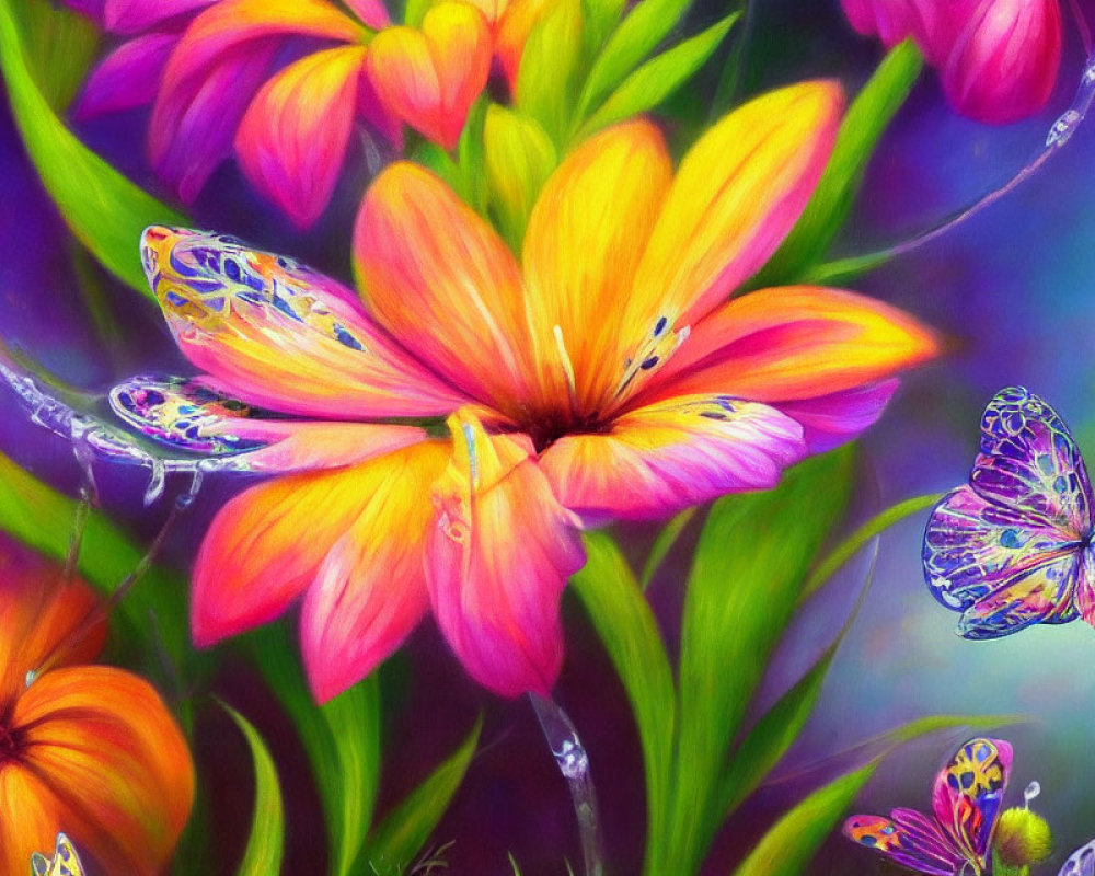 Colorful Floral Painting with Butterflies and Water Droplets