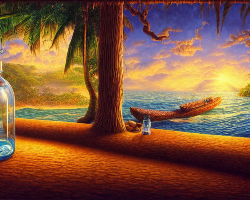Tranquil river sunset with canoe, palm trees, and sea scene in a bottle