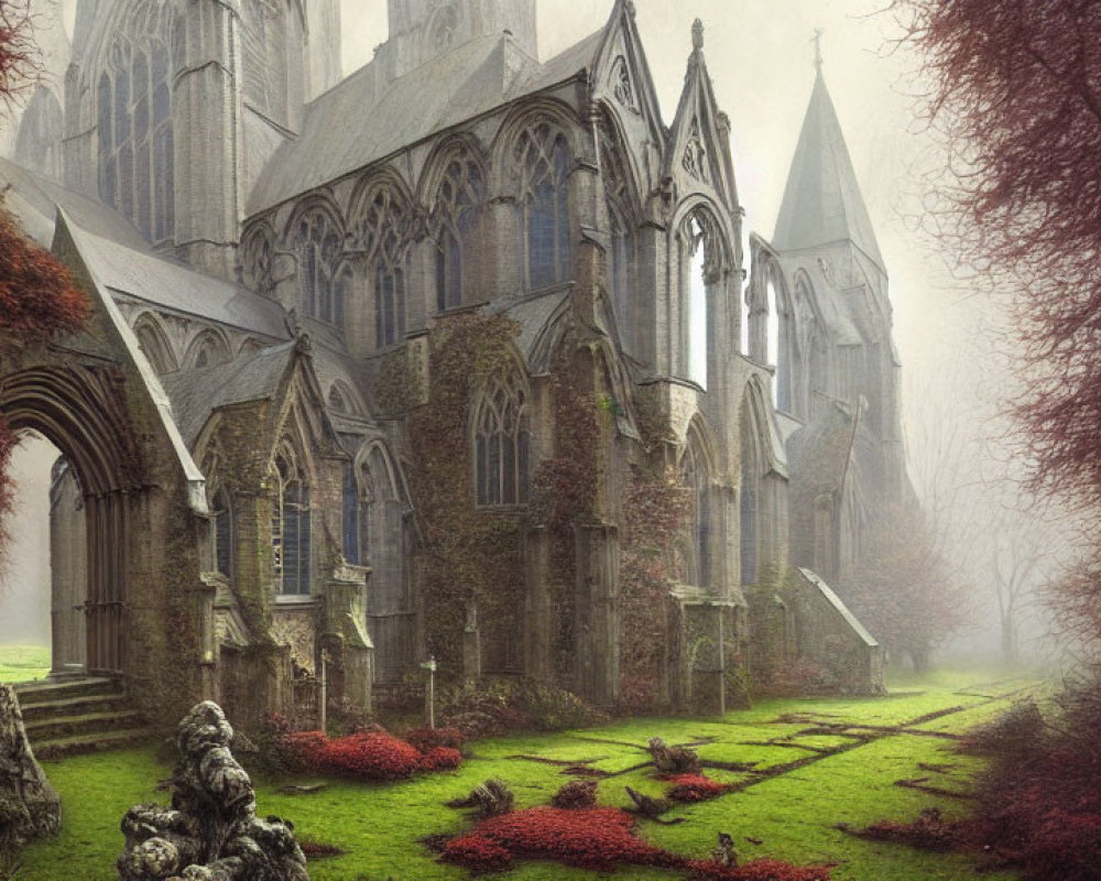 Ancient Gothic cathedral in foggy, overgrown setting