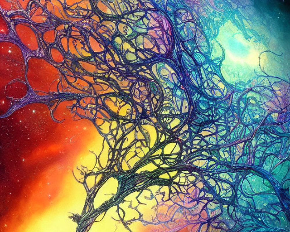 Colorful cosmic artwork: Dark tree amidst starry space