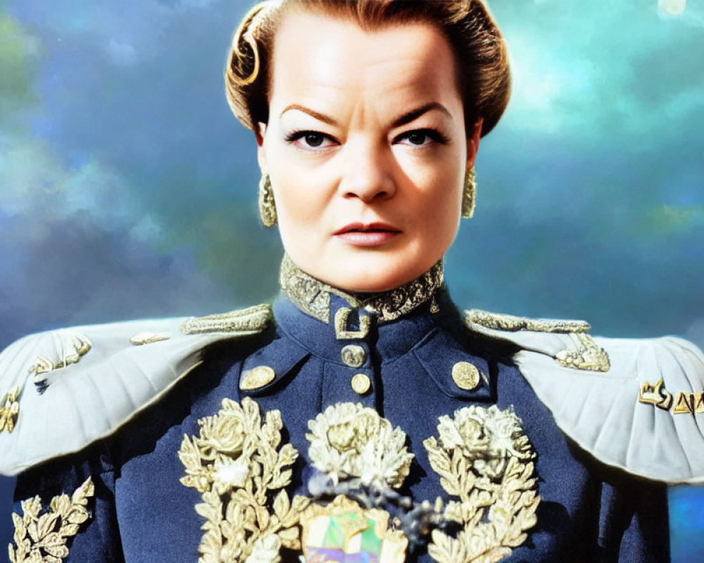 Vintage hairstyle woman in military jacket with medals on blue backdrop