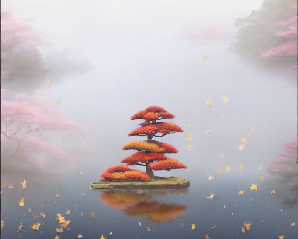 Tranquil landscape with red bonsai tree on misty island surrounded by pink cherry blossoms.