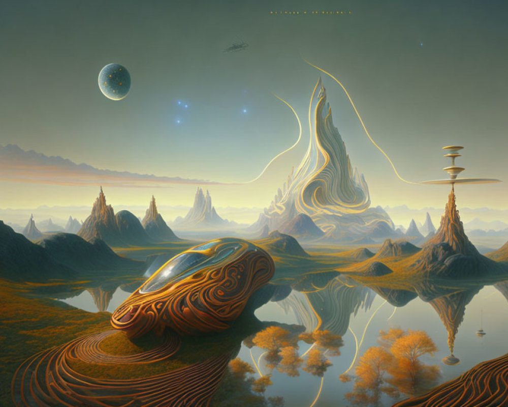 Surreal landscape with flowing landforms, reflective water, orange trees, futuristic vehicle, rock sp