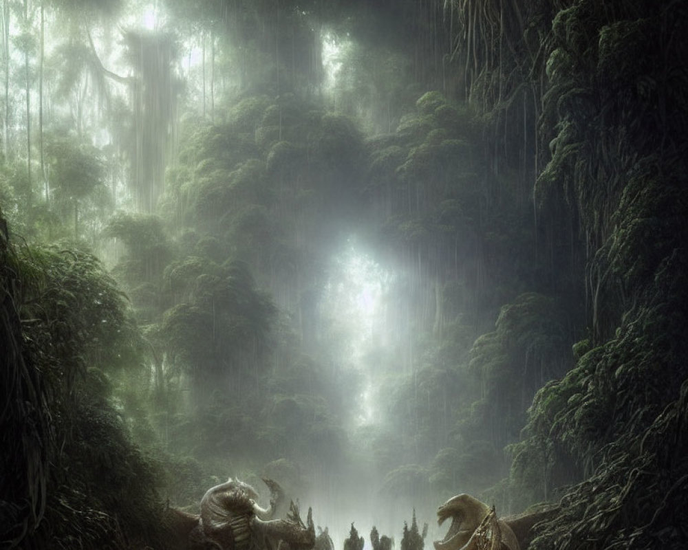 Mystical forest with sunlight, river, and dinosaur-like creatures
