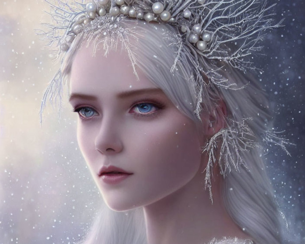Pale woman with ice-blue eyes and pearl crown in starry setting