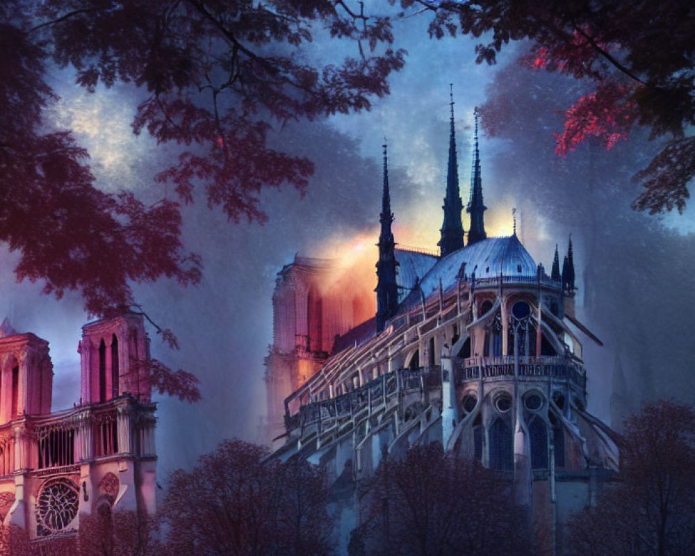 Twilight view of Notre-Dame Cathedral with vivid colors and mystical ambiance