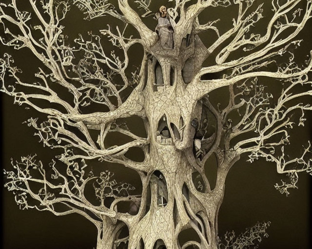 Detailed Treehouse Sculpture with Person Figure at Top