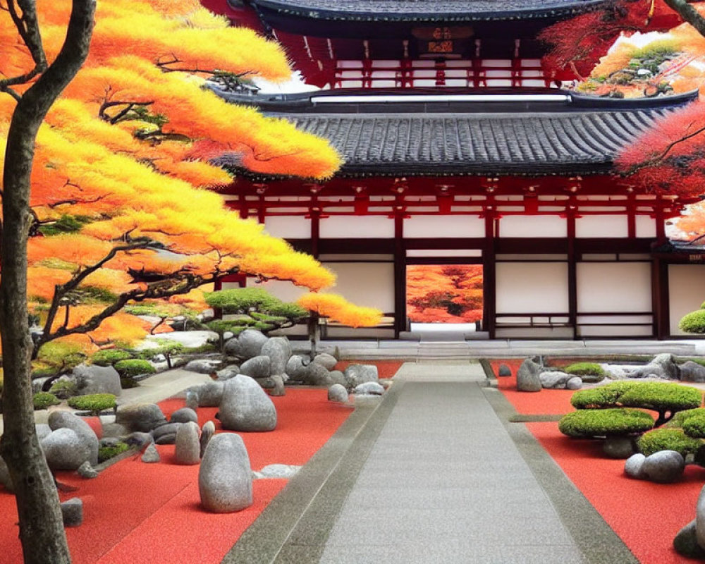 Japanese Zen Garden with Red Maple Trees and Temple Structure