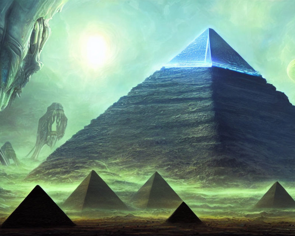 Sci-fi scene: Large pyramids, luminous apex, alien structures, greenish sky, distant
