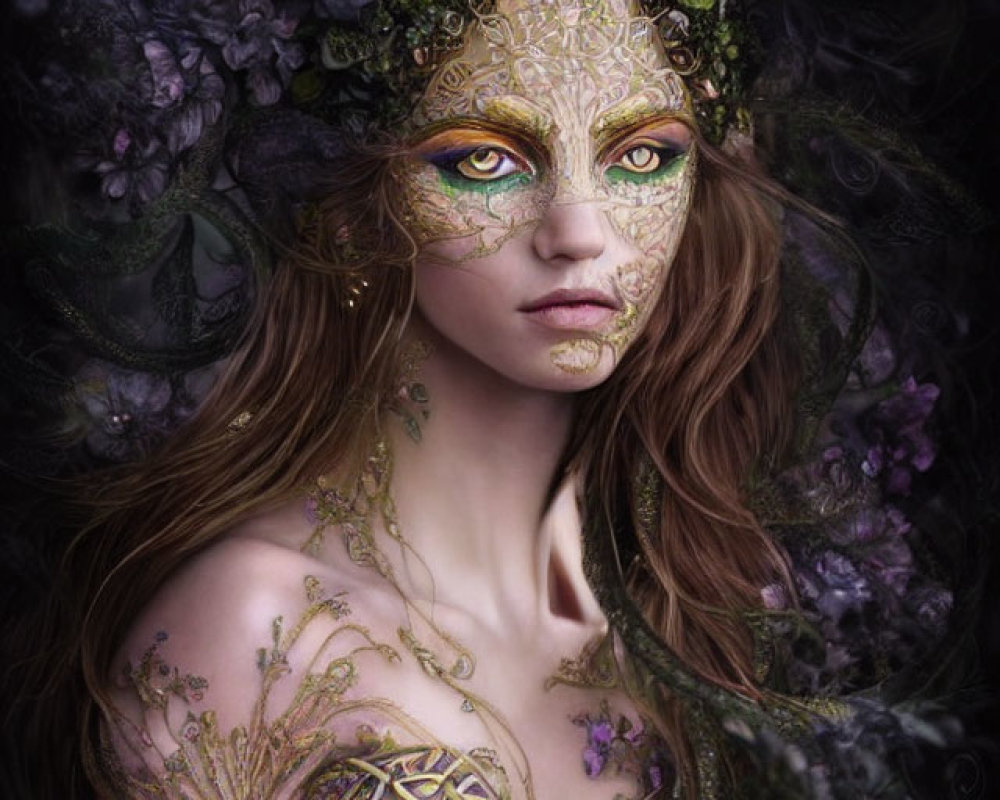 Golden figure with vine-like patterns, green eyes, floral crown in dark floral setting