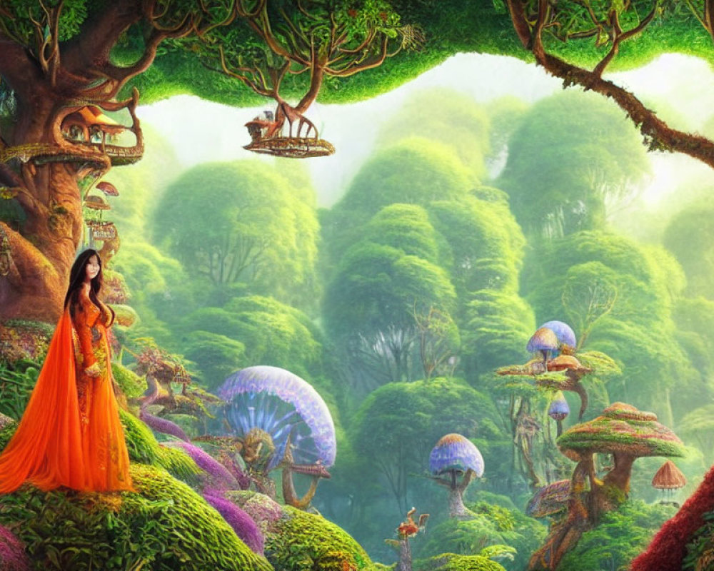 Woman in Orange Dress in Fantasy Forest with Oversized Mushrooms and Treehouses