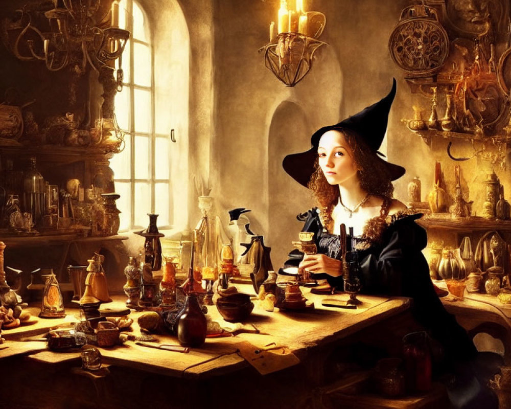 Witch in pointed hat at table in dimly lit room