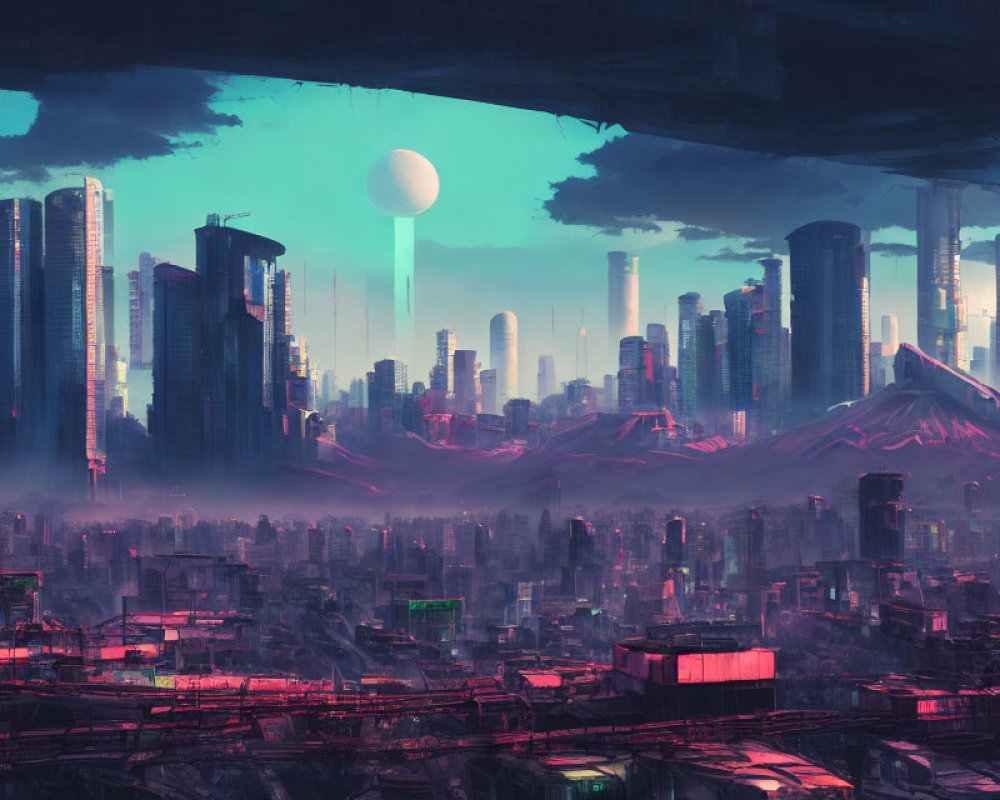 Futuristic cityscape with skyscrapers, misty atmosphere, mountains, twilight sky, and
